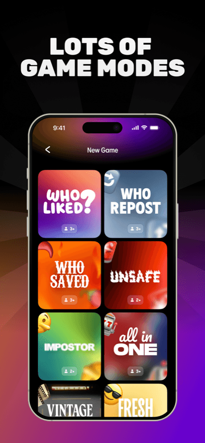 WhoLiked? screenshot: the list of game modes